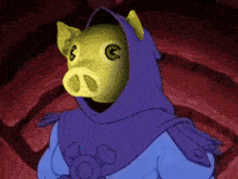 a cartoon character wearing a pig mask with the letter g on it