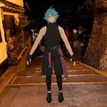 a cartoon character with blue hair is standing on a set of steps