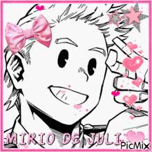 a black and white drawing of a boy with a pink bow on his head and the name mirio de juli on the bottom