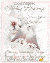a good evening friday blessings greeting card with flowers and two doves