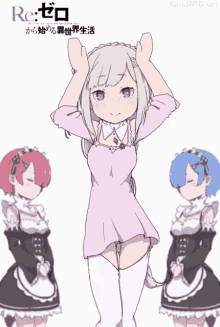a poster for re zero starting life in another world shows emilia rem and rem standing next to each other