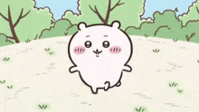 a cartoon bear is standing in a grassy field .
