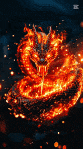 a snake is surrounded by flames with the letter m in the corner