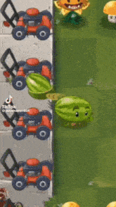 a watermelon is being pulled by a lawn mower in a plants vs zombies video game .