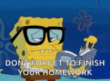 spongebob thinking reading book work glasses