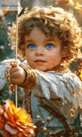 a little boy with curly hair and blue eyes is holding a sword