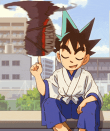 a cartoon drawing of a boy holding a fan