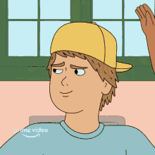 a cartoon of a man wearing a yellow hat and a blue shirt that says prime video on it