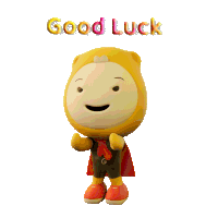a cartoon character with a cape and the word good luck above him