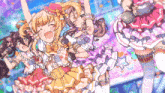 a group of anime girls are singing into microphones and one of them has the number 18 on her skirt