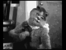 a black and white photo of a stuffed animal with a bow tie