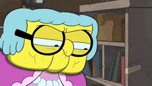 a cartoon character wearing glasses and a pink dress