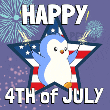 a happy 4th of july greeting card with a penguin and fireworks