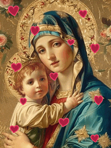 a painting of a woman holding a child with hearts around her