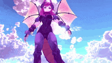 a girl in a purple dragon costume stands in the clouds