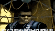 a man in sunglasses is talking to another man in a video game .