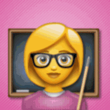 a female emoji wearing glasses and holding a stick in front of a blackboard