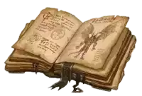 an open book with a drawing of a dragon on the page