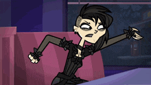 a cartoon character with a shaved head and a black dress