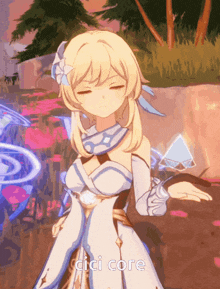 a girl in a white dress with a flower on her head says cici core