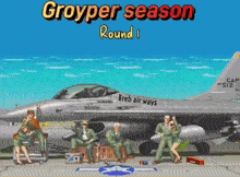 a group of people standing in front of a fighter jet with the words groyper season round 1 on the bottom