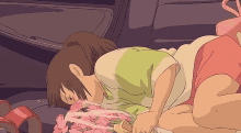 a cartoon character is laying on the ground with a bouquet of flowers in her hand .