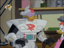 a cartoon of a duck in a robot suit with the letter x on his chest