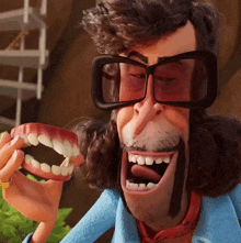 a cartoon character wearing sunglasses is holding fake teeth