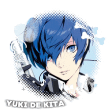 a blue haired anime character with the name yuki de kita on the bottom