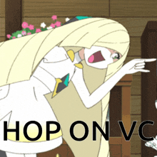 a cartoon of a woman pointing at something with the words hop on vc below her