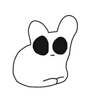 a black and white drawing of a rabbit with two black circles on its eyes
