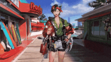 a video game character is standing in front of a red building that says ' rovio ' on it