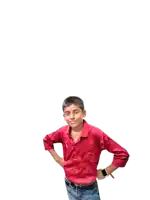 a young boy with his hands on his hips wearing a watch