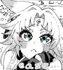a black and white drawing of a girl with the word please on the bottom right