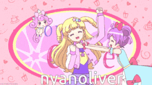 a picture of two anime girls with the word nyanoliver written on the bottom