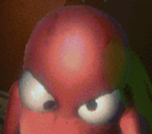 a close up of a cartoon character with big eyes and a bald head