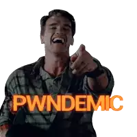 a man is pointing at the camera with pwndemic in orange letters behind him