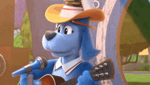 a blue dog is singing into a microphone while playing a guitar