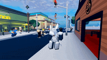 a cartoon character is walking down a street in front of a restaurant that says lemon