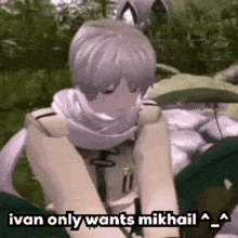 a cartoon character is sitting on a rock with the words `` ivan only wants mikhail '' written on it .