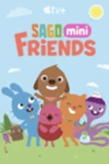 a poster for sago mini friends shows a dog , rabbit , cat and octopus .