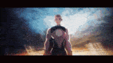 a woman in a superhero costume is standing in front of a cloudy sky in a pixel art .