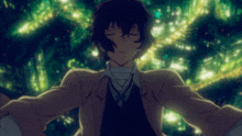 a man with his eyes closed is standing in a forest