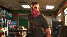 a man wearing sunglasses and a bandana in a store with a sign that says freshments