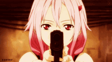 a girl with pink hair is pointing a gun at the camera with xster written on the bottom