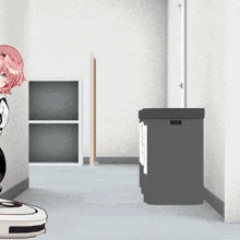 a girl with pink hair is kneeling on a vacuum cleaner in a hallway