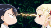 a boy and a girl are looking at each other with a lightning bolt coming out of their mouths