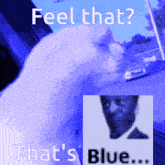 a blue background with the words feel that that 's blue and a picture of a man