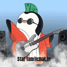 a penguin with a mohawk is holding a guitar in front of speakers