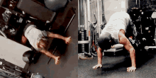 a man is doing push ups in a gym while wearing a hat that says reebok